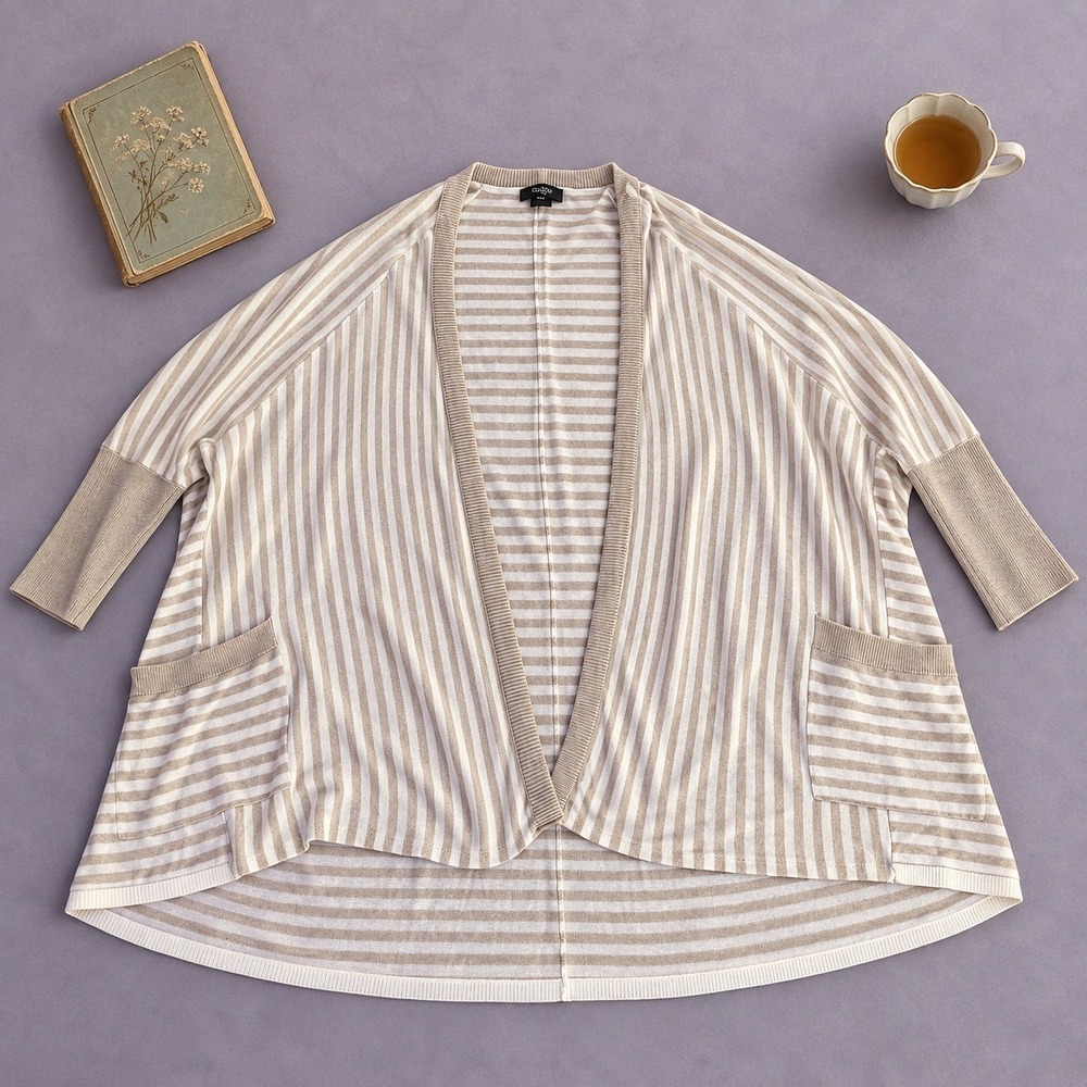 Verve Ami Women's XL Beige Striped Cardigan Relaxed Boho Coastal Layering